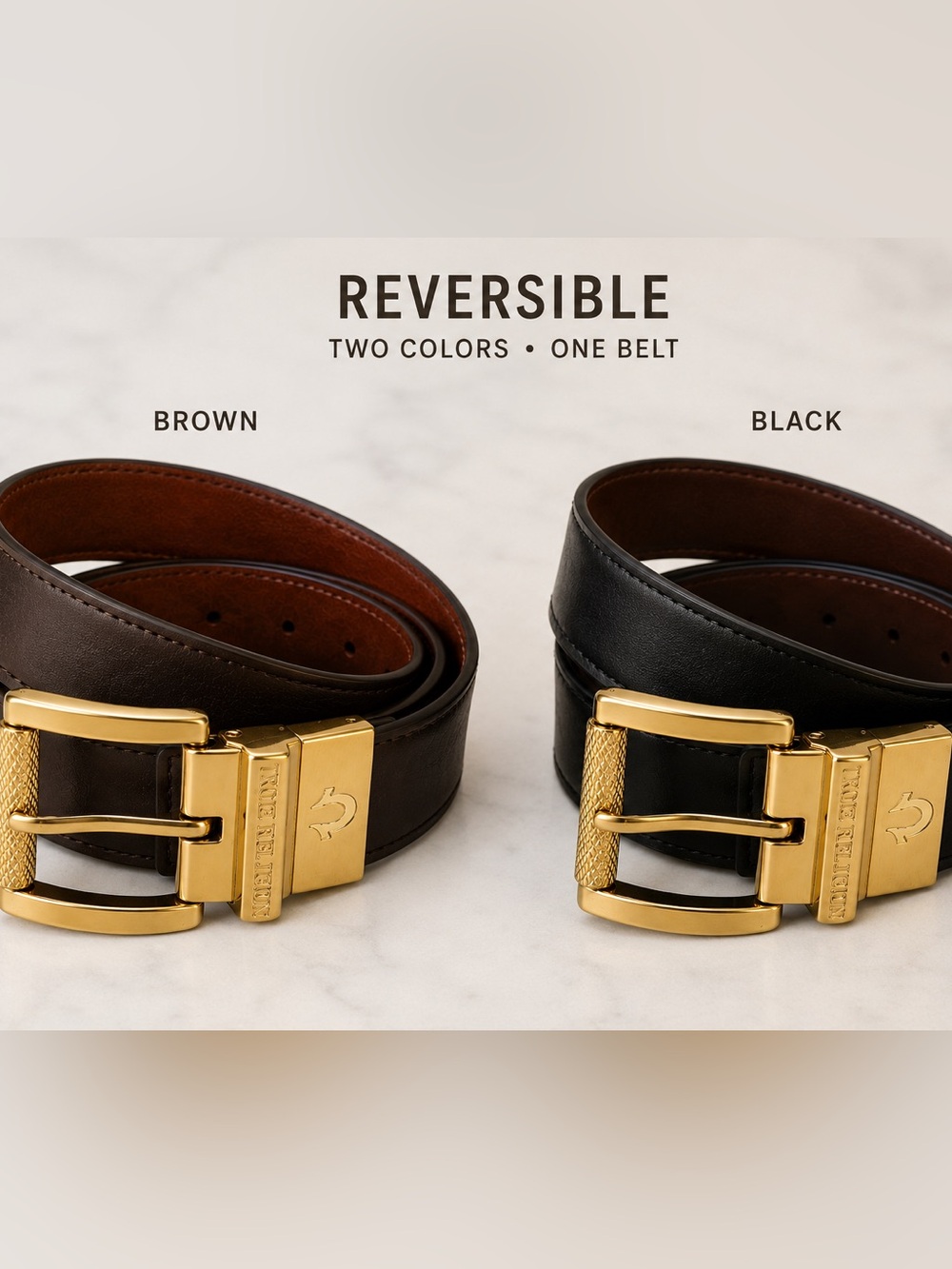True Religion Reversible LUMIN NOVA REV. BELT WITH GOLD Roller Buckle Size 32